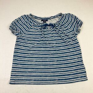 Chaps Womens Cotton Peasant Top Blue Ivory Stripe Short Sleeve Neck Tie Shirt XL